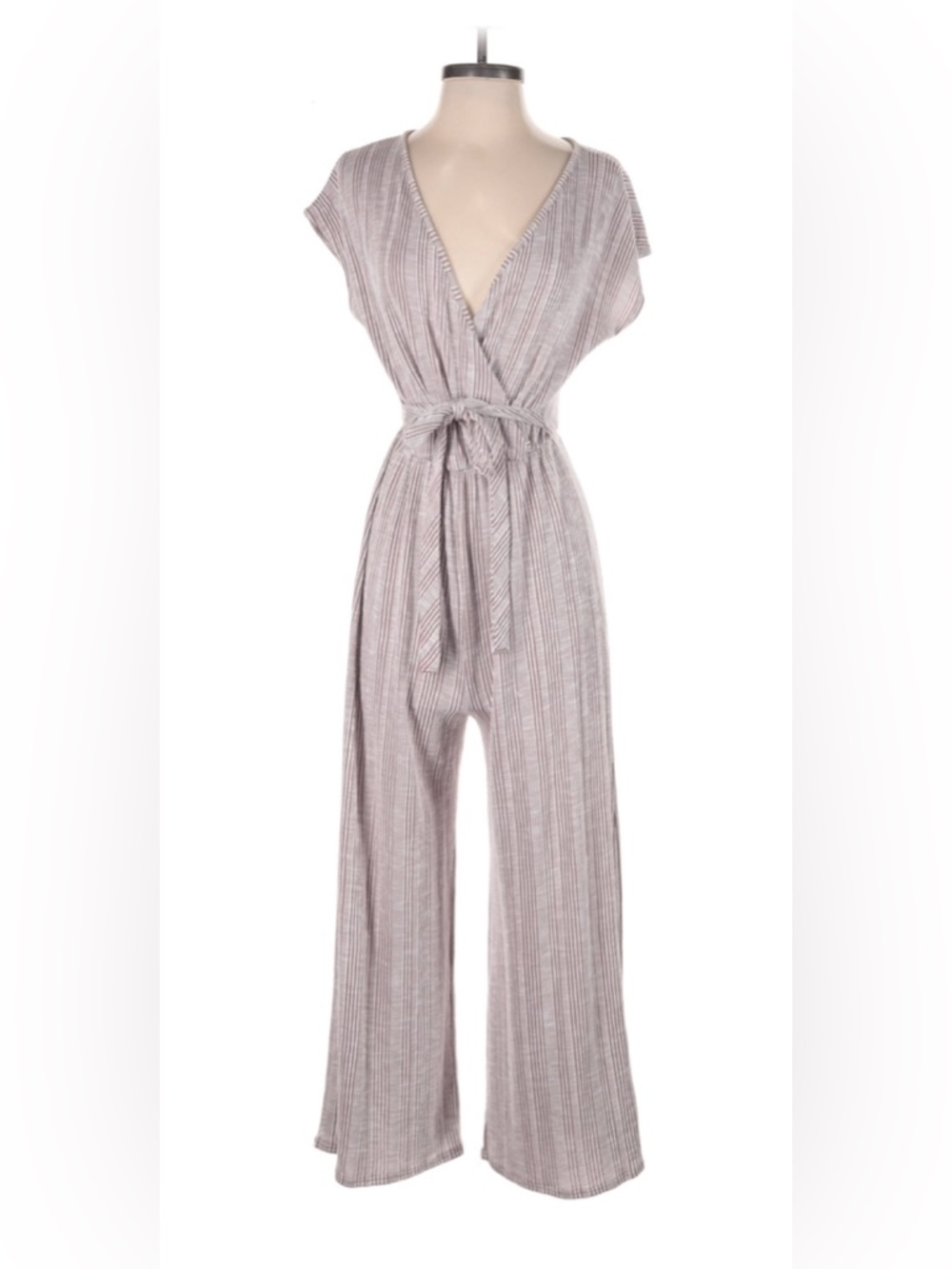 Striped V-Neck Wide-Leg Jumpsuit in Light Mauve